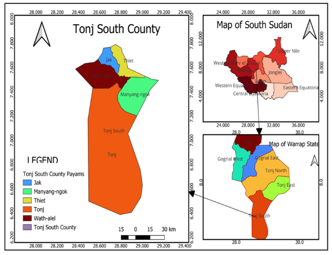 Location of Tonj South County and Tonj Payam within Warrap State, South Sudan.