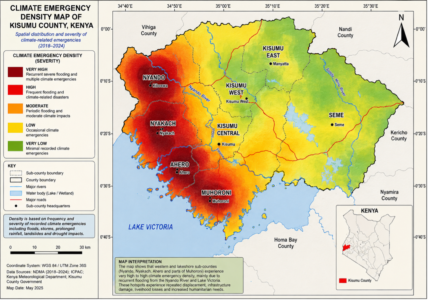 Conceptual map of Kisumu County showing spatial distribution and severity of climate-related emergencies, 2018-2024